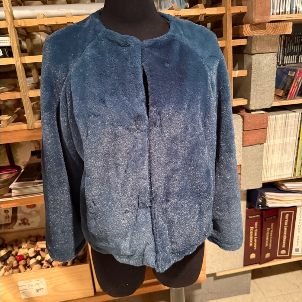 G.I.L.I. Got It Love It Teal Blue Metallic Shimmer Faux Fur Jacket XS